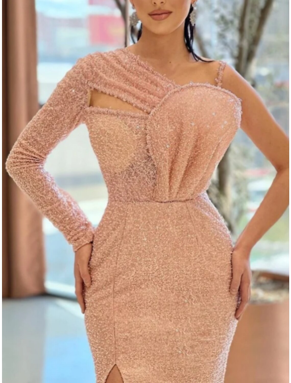 Wholesale A-Line Evening Gown Elegant Dress Formal Sweep / Brush Train Long Sleeve One Shoulder Sequined with Glitter Pleats Ruched